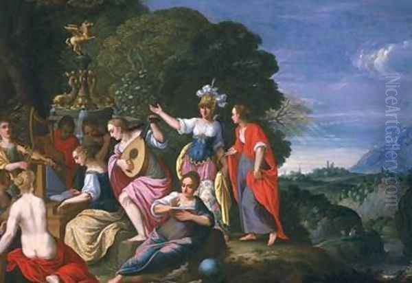 Athene and the Nine Muses at the Wells of Hipokrene Oil Painting by Johann Konig