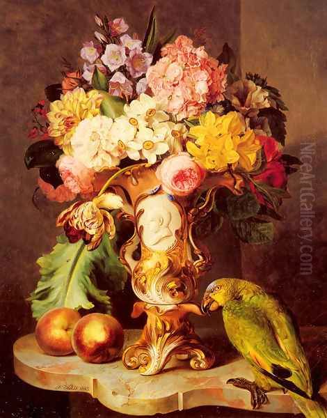 A Still Life with a Vase of Assorted Flowers, Peaches and a Parrot on a Marble Ledge Oil Painting by Ferdinand Kuss