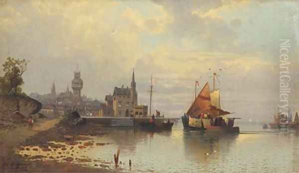 View of a harbour town at dusk Oil Painting by Karl Kaufmann