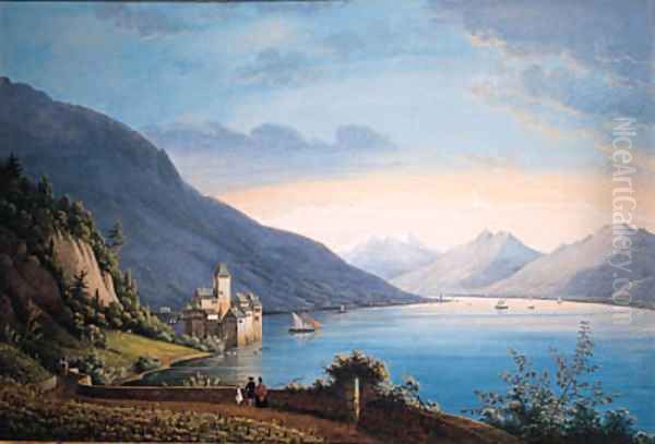 A View of the Lake of Geneva, with people near a vineyard in the foreground looking at sailing-boats and a castle beyond Oil Painting by Henri Knip