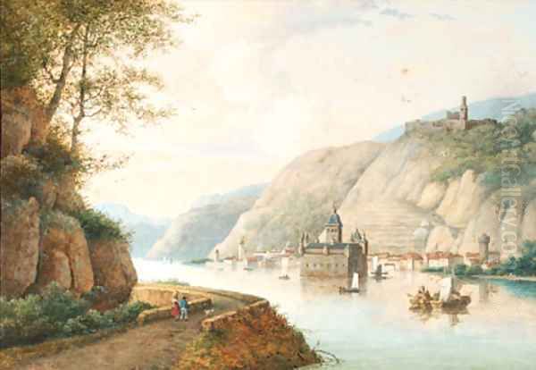 A view of the Pfalzgrafenstein at Kaub on the river Rhine, Gutenfels Castle above Oil Painting by Henri Knip