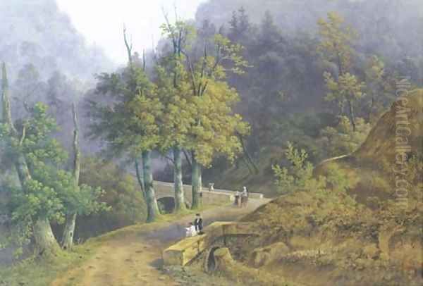 A mountainous wooded landscape with a draughtsman seated on a bridge and other figures strolling on a path Oil Painting by Henri Knip