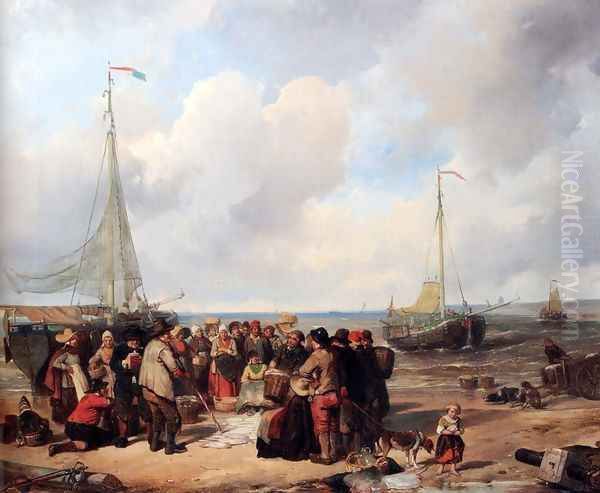 De afschlag van visch aan het strand te Scheveningen: a fish auction on the beach Oil Painting by Herman Frederik Carel ten Kate