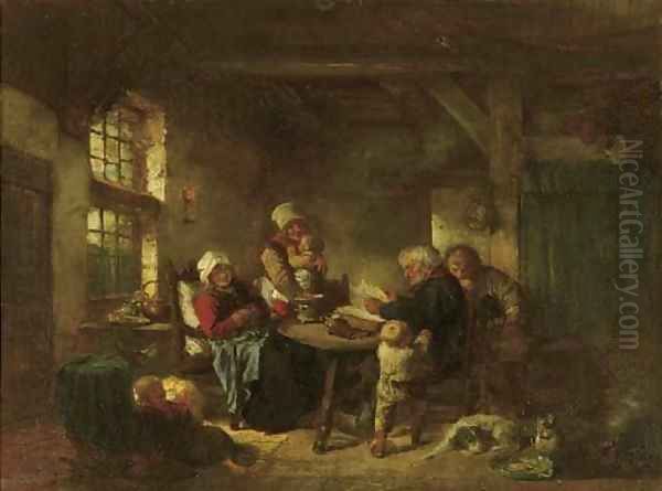 Reading time a family from Marken in an interior Oil Painting by Herman Frederik Carel ten Kate