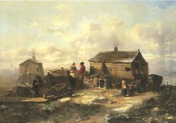 A fisher family from Marken conversing by a hut in winter Oil Painting by Herman Frederik Carel ten Kate