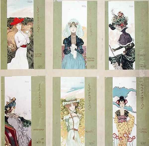 Selection of postcards with allegorical representations of perfumes Oil Painting by Raphael Kirchner