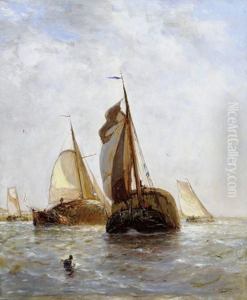 Bateaux De Peche Hollandais Aux Environs De Dordrecht Oil Painting by Paul-Jean Clays