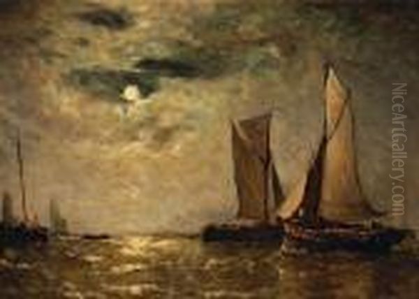 Shipping Off The Coast In The Moonlight Oil Painting by Paul-Jean Clays