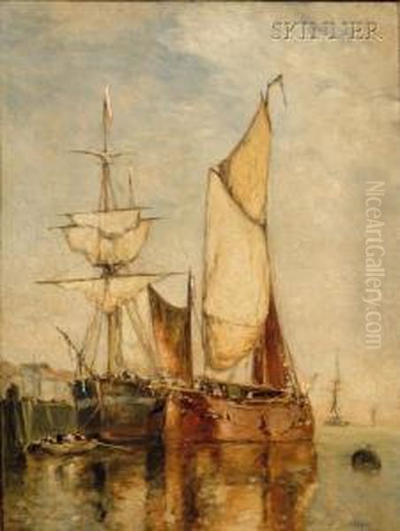 Sailing Vessels At Dock Oil Painting by Paul-Jean Clays