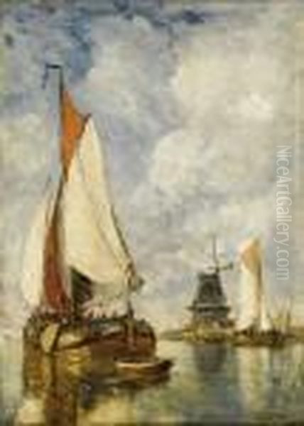 Moored Ships At Harbour Oil Painting by Paul-Jean Clays