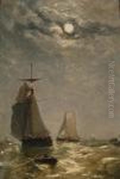 Moonlight View Of Fishing Boats Oil Painting by Paul-Jean Clays