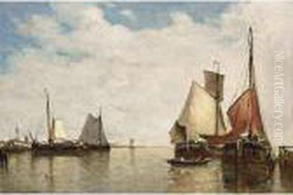 Moored Ships In A Small Harbour Oil Painting by Paul-Jean Clays