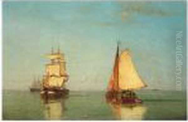 Two Sailing Vessels In A Calm Sea Oil Painting by Paul-Jean Clays