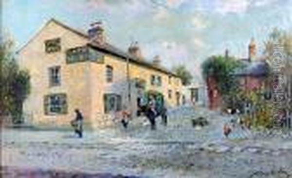 The Black Horse Hotel, Wallasey, Wirral, Withfigures And Hens Before Oil Painting by Joseph Hughes Clayton