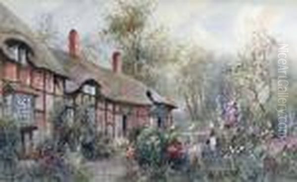 Thatched Cottage With A Girl In The Garden Oil Painting by Joseph Hughes Clayton