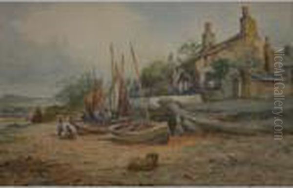 Fishing Boats Near Cottages, Anglesey (?) Oil Painting by Joseph Hughes Clayton