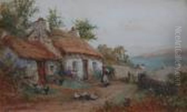 Figures Outside Thatched Cottages Oil Painting by Joseph Hughes Clayton