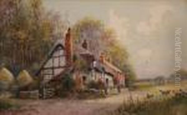 Landscape With Thatched Cottage And Alady Feeding Chickens Oil Painting by Joseph Hughes Clayton