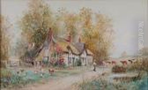 Old Lancashire Cottage; Figures,
 Sheep Andcattle Before A Cottage, Signed, A Pair Of Watercolours Oil Painting by Joseph Hughes Clayton