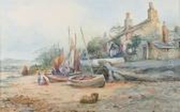 Cottages On The Coast With Fishermen Tending Their Boats Oil Painting by Joseph Hughes Clayton