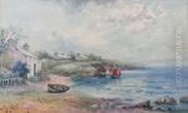 Cemaes Bay, With Cottages And Sailing Boats Oil Painting by Joseph Hughes Clayton