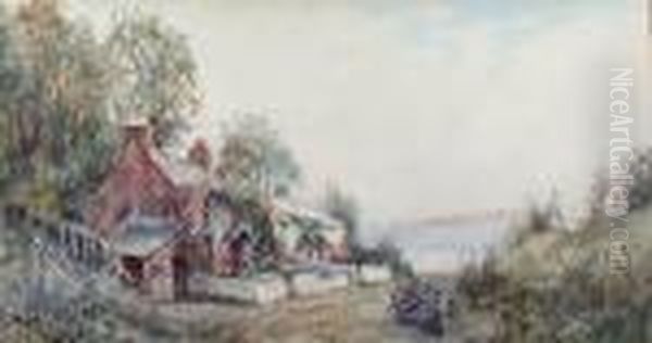 Cottage By The Shore, Together 
With Another Similar, View From A Bay With Sailing Boats, A Pair Oil Painting by Joseph Hughes Clayton