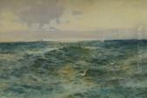 Sailing Boat And Distant Shipping On A Choppy Sea, Signed Lower Left Oil Painting by Joseph Hughes Clayton