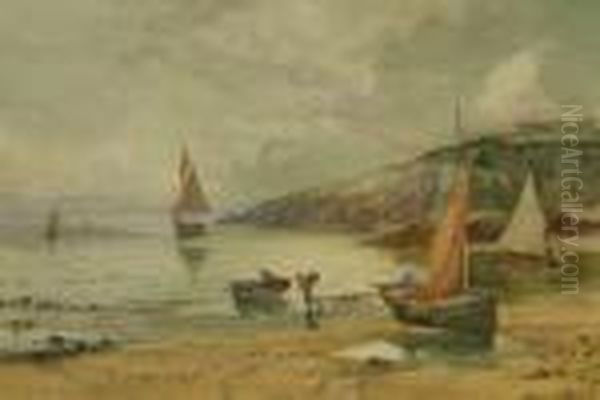 Fisherman And Boats In A 
Tranquil Coastal Bay, Possibly Porthpatrick Bay, Anglesey, Signed Lower 
Left Oil Painting by Joseph Hughes Clayton