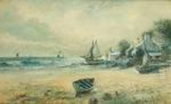 Cottages And Fishing Boats By The Shore, Probably Anglesey Oil Painting by Joseph Hughes Clayton