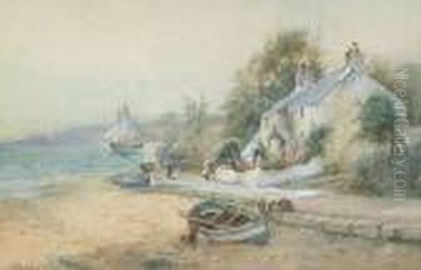 Fishing Boats On A Beach Beside A Cottage Oil Painting by Joseph Hughes Clayton