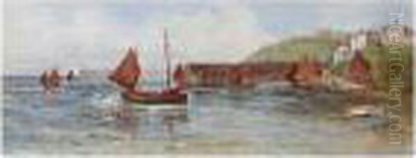 Fishing Boats Off A Quayside Oil Painting by Joseph Hughes Clayton