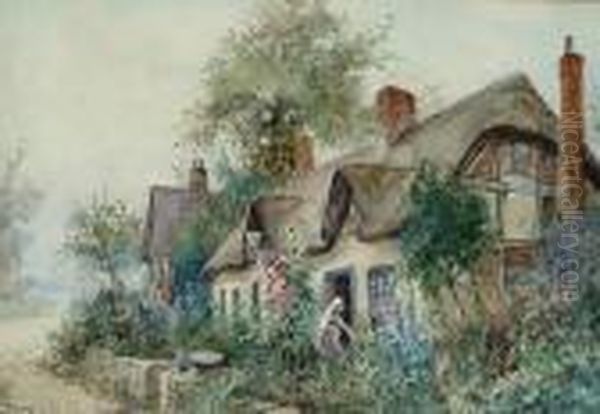 Tending To The Garden; Figures On A Village Path Oil Painting by Joseph Hughes Clayton