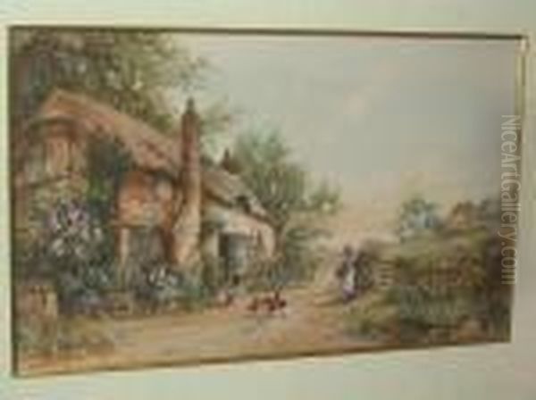 Woman Feeding Chickens Before A Country Cottage Oil Painting by Joseph Hughes Clayton