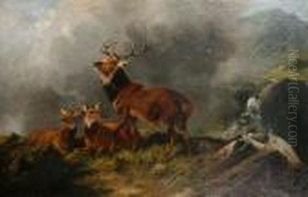 A Stag And Two Doe In A Highlandlandscape Oil Painting by Robert Cleminson