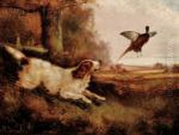 The Next Catch/fall Landscape With Dog And Pheasant Oil Painting by Robert Cleminson