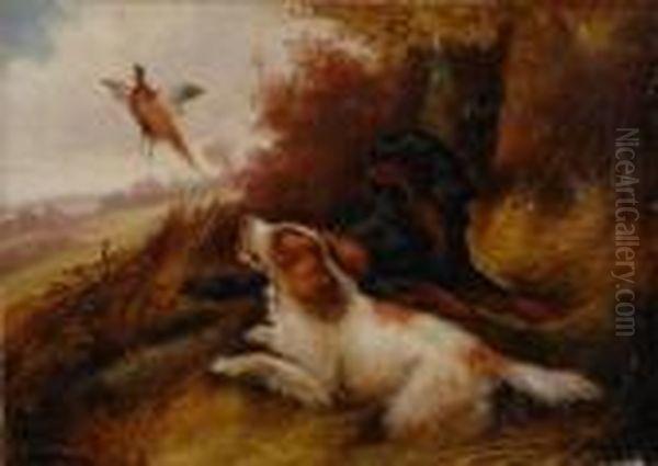 Two Gun Dogs And Game In A Wooded Landscape Oil Painting by Robert Cleminson