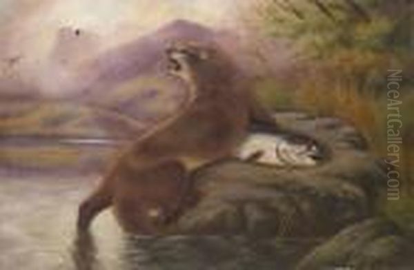 Otter With A Salmon Oil Painting by Robert Cleminson