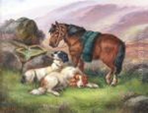 Setters And Ponies In A Highland Landscape Oil Painting by Robert Cleminson