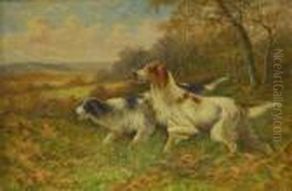 Two Setters On Heath Land By The Edge Of A Wood Oil Painting by Robert Cleminson