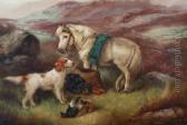 Shooting Pony And Gun Dogs On The Moor Oil Painting by Robert Cleminson