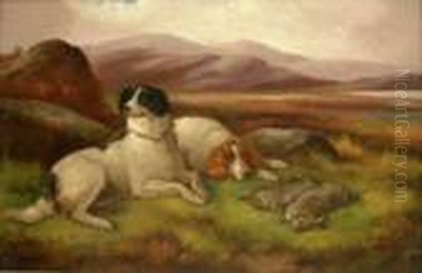 Hunting Dogs With Rabbit Oil Painting by Robert Cleminson