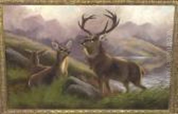 Stag And Other Deer Beside A Loch In A Highland Landscape Signed Oil Painting by Robert Cleminson