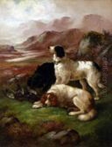 Three Gun Dogs And Dead Game, On Heather Moor Oil Painting by Robert Cleminson