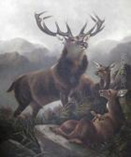 Stag And Hinds In A Mountain Landscape Oil Painting by Robert Cleminson