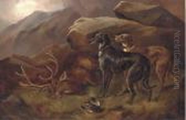 Deer Hounds With A Stag Oil Painting by Robert Cleminson