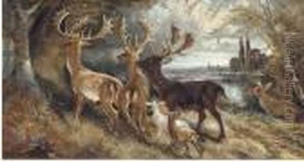 Stags Watering; And Stag's And Hindes By A Tree Oil Painting by Robert Cleminson