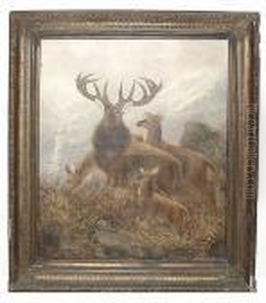 Deer In A Highland Landscape Oil Painting by Robert Cleminson