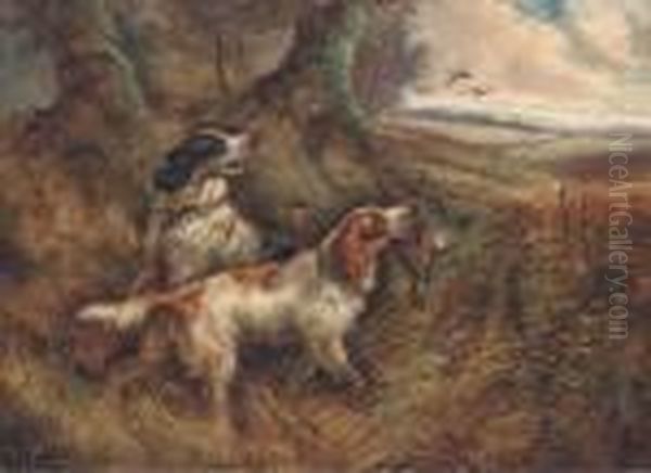 Gundogs With A Pheasant Oil Painting by Robert Cleminson