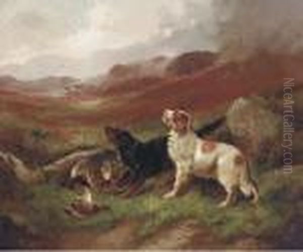 Setters And Game In A Highland Setting Oil Painting by Robert Cleminson