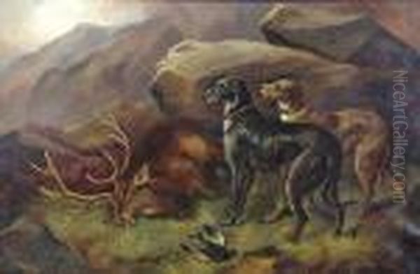 Hunting Dogs With A Stag In A Highland Landscape Oil Painting by Robert Cleminson